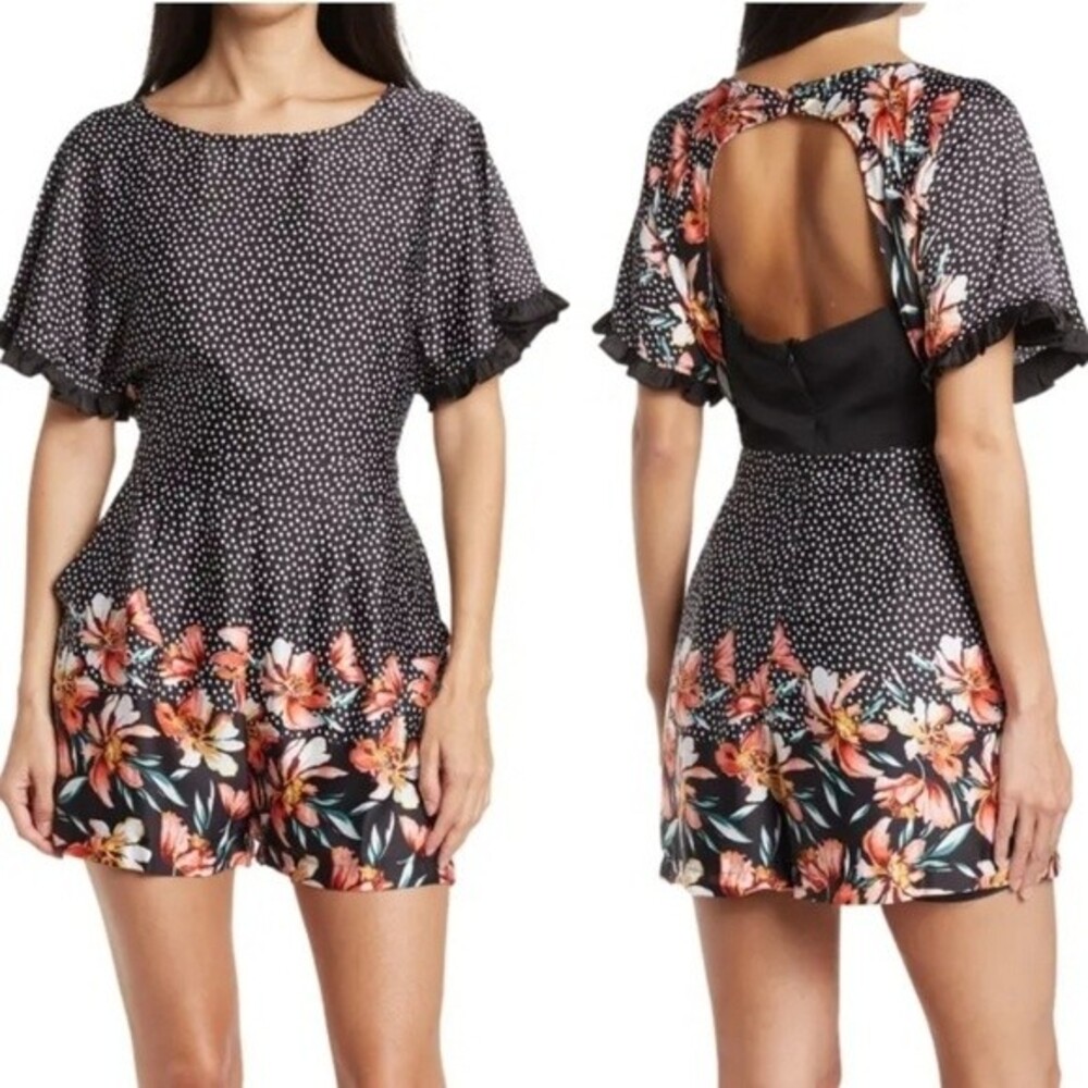 ADELYN RAE Black Floral Polka Dot Romper XS NWT Ruffle Sleeve Mini Dress
